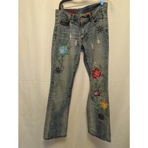 Western Denim Bank Women's Size 27 Embroidered Floral Distressed Bootcut Jeans